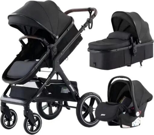 Kinderwagen - Zwart - 3 in 1 - Reiswieg Zitje en Autostoel - incl. Bekerhouder, Voetenzak, Polsband en Klamboe