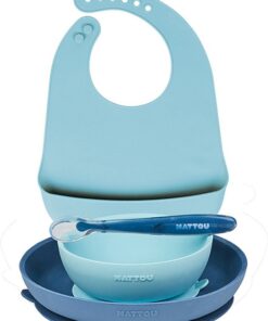 Nattou Siliconen 4-delig Servies Set met Bavet voor Kinderen - Bord + Kom + Lepel - Blauw