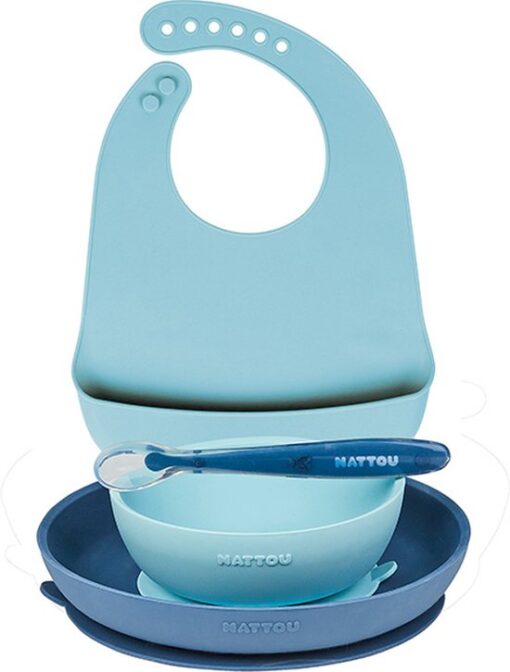 Nattou Siliconen 4-delig Servies Set met Bavet voor Kinderen - Bord + Kom + Lepel - Blauw