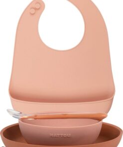 Nattou Siliconen 4-delig Servies Set met Bavet voor Kinderen - Bord + Kom + Lepel - Roze