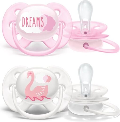 Philips Avent Ultra Soft Fopspeen - 0 tot 6 Maanden - 2 Speentjes - Roze/Wit Dreams/Zwaan - SCF222/02