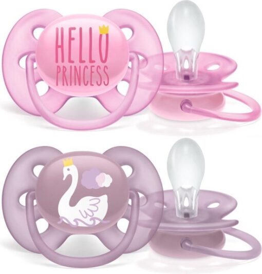 Philips Avent Ultra Soft Fopspeen - 6 tot 18 Maanden - 2 Speentjes - Roze/Paars Hello Princess/Zwaan - SCF223/02