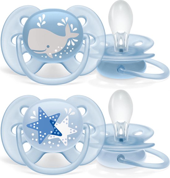 Philips Avent Ultra Soft Fopspeen - 6 tot 18 Maanden - 2 Speentjes - Blauw Walvis/Ster - SCF223/03