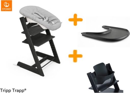 Stokke Tripp Trapp kinderstoel + Newbornset + Tray - Zwart + babyset!!