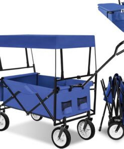 tectake® - Bolderkar transportkar bolderwagen strandkar + draagtas en dak - Opvouwbaar - blauw - balastbaarheid 80kg - 402316