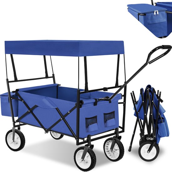 tectake® - Bolderkar transportkar bolderwagen strandkar + draagtas en dak - Opvouwbaar - blauw - balastbaarheid 80kg - 402316