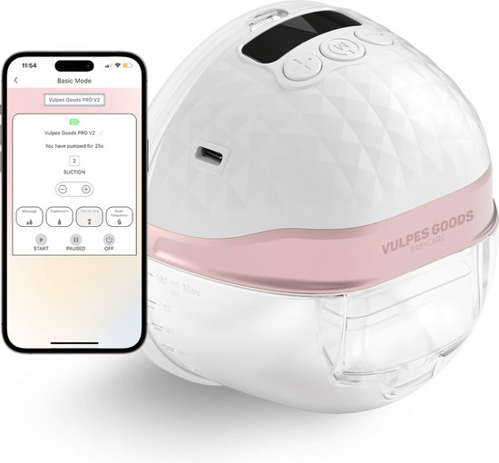 Vulpes Goods® BabyCare - Elektrische Draadloze Borstkolf - Handsfree & Draagbaar - met APP bediening - BPA-Vrij - Incl. Borstschildverkleiners, 30 Moedermelk Bewaarzakjes, Reistas, E-boek & Kolfdagboek - PRO V2