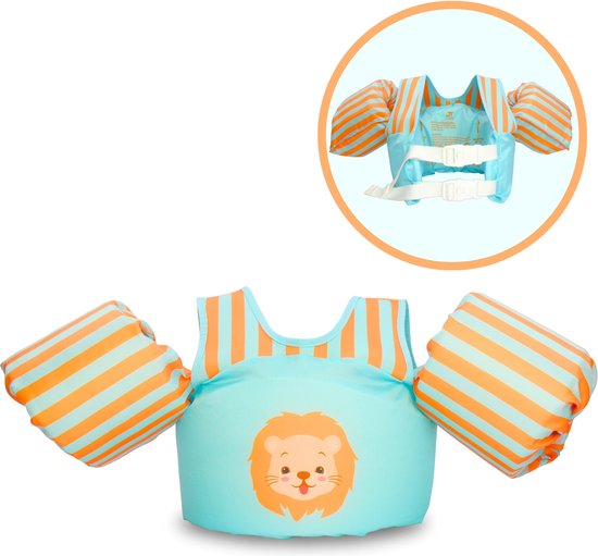 JT Products Puddle Jumper Leeuw – Zwembandjes – Zwemvest – Reddingsvest Kind - Voor Kinderen van 2 tot 6 jaar - 14 tot 35 kg – Drijvest – Zwemvleugels – Zwemmen – Swimtrainer – Zwemgordel – Zwemkurk - Verstelbaar – Blauw – Dubbele Sluiting – One Size