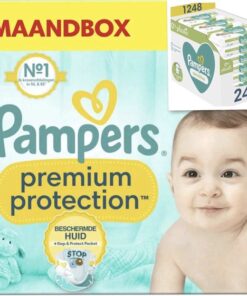 Pampers Premium Protection groot Startpakket 1+2+3 – 180 luiers Maat 1, 240 luiers Maat 2, 204 luiers maat 3 (+ 24pak Sensitive billendoekjes)