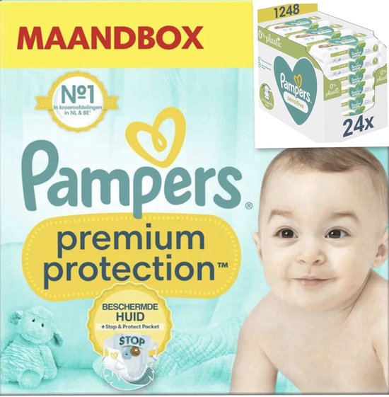 Pampers Premium Protection groot Startpakket 1+2+3 – 180 luiers Maat 1, 240 luiers Maat 2, 204 luiers maat 3 (+ 24pak Sensitive billendoekjes)