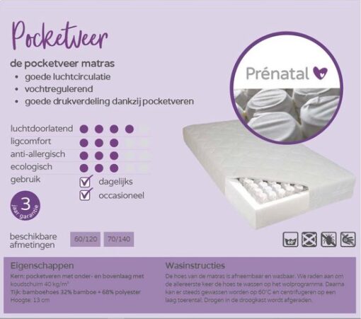 Prénatal Pocketveer Matras - Kindermatras Bamboe - 60 x 120 - Wit